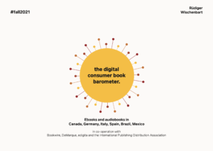 The cover of the Fall Edition of the Digital Consumer Book Barometer in landscape format showing a yellow sun with rays in style of the corona virus