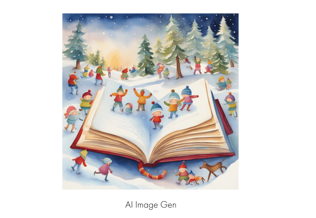 Colorful people dancing on a book in a snowy landscape, produced by Imagen2