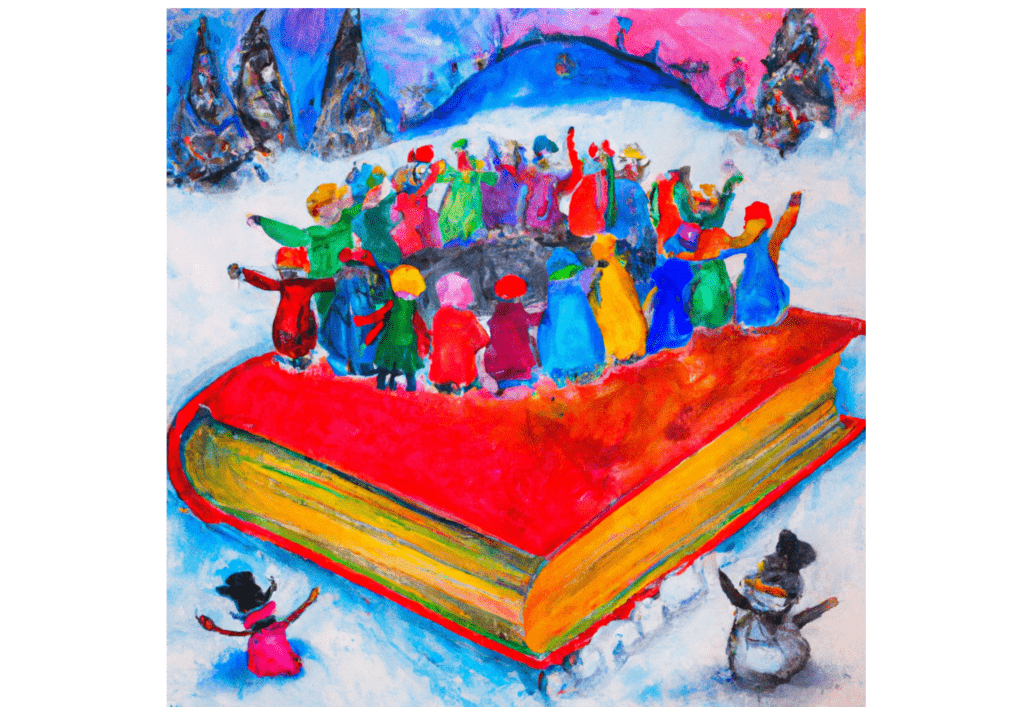 Colorful people dancing on a book in a snowy landscape, produced by Dell-E
