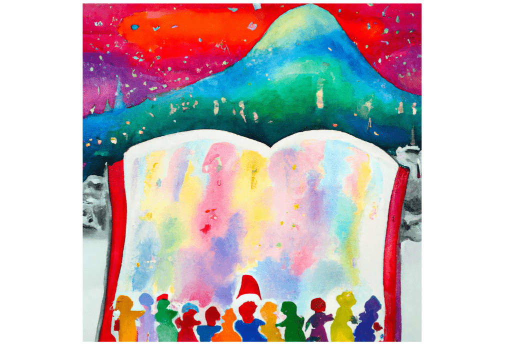 Colorful people dancing on a book in a snowy landscape, produced by MojoAI