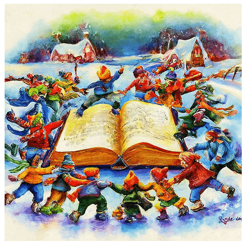 Dancing with woolen caps in a colorfull snowy landscape painted by AI