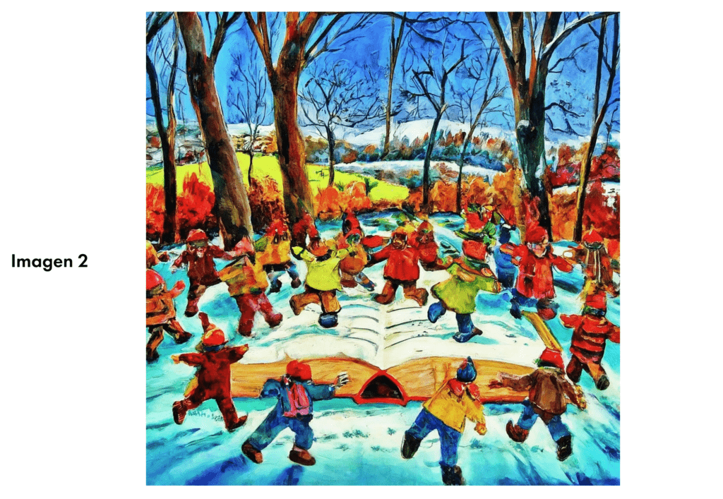 Colorful people dancing on a book in a snowy landscape, produced by Imagen2
